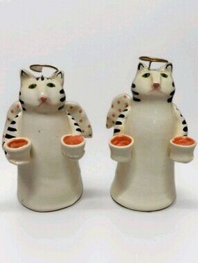 Vintage Pair Solveig Cox Art Pottery Angel Cats Mini Candle Holders Signed Rare